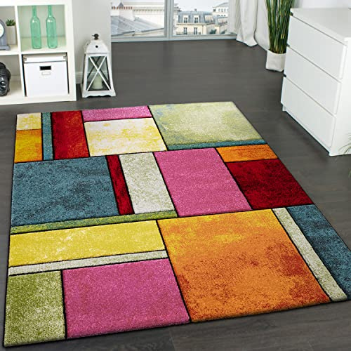 Paco Home Designer Teppich Kariert Trendig Bunt Meliert Eyecatcher Grün Blau Orange Pink, Grösse:80x300 cm