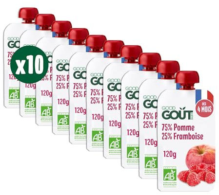 GOOD GOÛT - Gourdes Pomme Framboise - Purée Bébé - Dès 4 Mois - 75 % Pomme, 25 % Framboise - Sans Sucres Ajoutés - Fabriqué En France - 10x120g (L'emballage peut varier)