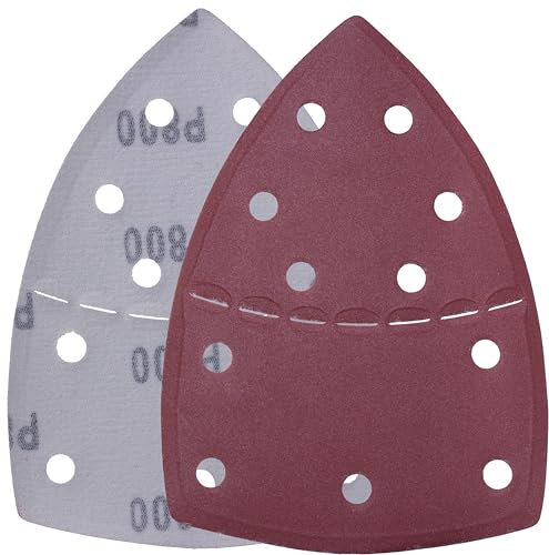 YoiYee Set di fogli abrasivi a grana 800, carta vetrata triangolare delta, fissaggio con gancio e anello, 11 fori, accessori per levigatrice multipla, rosso, confezione da 10