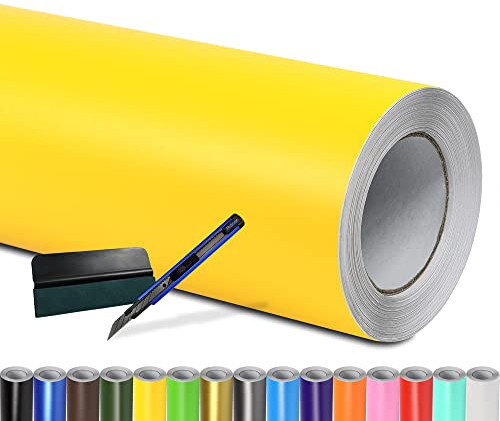 Folindo® Autofolie Gelb Matt (23€/m²) | 50 x 152 cm | + Rakel & Cutter | Selbstklebende Luftkanal Folie zur Auto Folierung | Blasenfrei