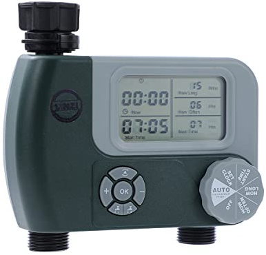 LINZI Electronic Garden Hose Water Timer Dual-Outlet Waterproof Automatic Irrigation Lawn Sprinkler Watering Controller with LED Display and Adjustable System 664047