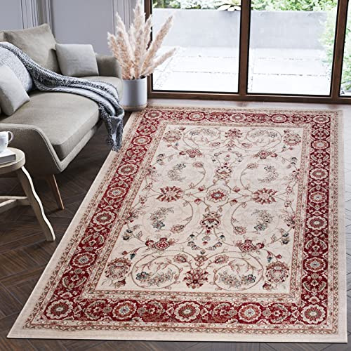 Mazovia Teppich Flur 140x200cm Creme Rot Klassisch Traditionell Weich Weiß | Teppich für Eingangsbereich Küche Büro Wohnzimmer Schlafzimmer Beige Pflegeleicht Fußbodenheizungsgeeignet Mittelflor Elegant