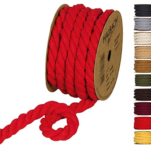 Halbach Seidenbänder Cordon en Coton recyclé - Largeur : 10 mm - Longueur : 4 m - Fil de Coton Durable pour macramé - Corde Naturelle pour Bricolage - Couleur : Rouge