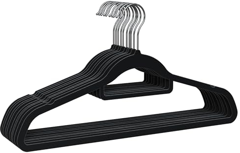 PORTENTUM Grucce in Velluto, Confezione da 10, Nero - Antiscivolo con Gancio Girevole 360º, Scanalature e Supporto Accessori, Salvaspazio 0,6 cm Spessore, Made in Spain