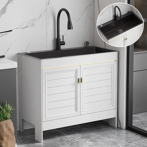 Workstation Kitchen Home Wasserfall-WaschbeckenKombination aus Küchenspüle und Schrank, Allzweck-Waschbecken mit Edelstahlbecken, Badezimmer-Waschtisch-Aluminium-Unterschrank, einzelnes frei