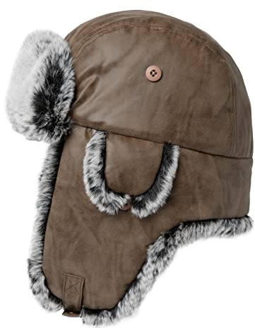 TOP-EX L/XL Winter Trapper-Hut Kunstleder Aviator Pilotenmütze Damen Herren Braun Warm Gefütterte Kunstpelz-Hut mit Winddichten Ohrenklappen