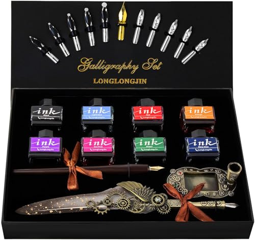 LongLongJin Calligraphy Pens and Ink Set - Calligraphy Kits for Beginners,Quill Pen Includes Dip Pen,8*Colors Ink,11*Calligraphy Pen Nibs（Grey）