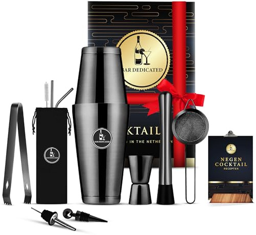 Bar Dedicated - Cocktailset svart 13 delar – cocktailshaker-set med – elegant barset present till män och kvinnor Boston Shaker Incl receptbok och presentförpackning