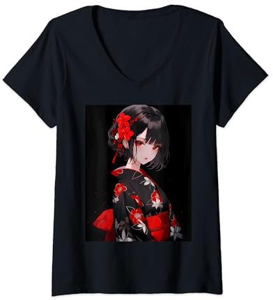 Femme Esthétique Cyberpunk Anime Manga Fleur de lys rouge T-Shirt avec Col en V