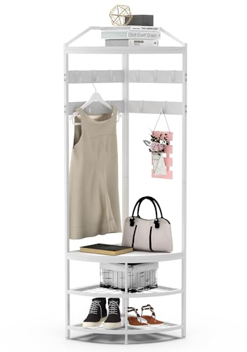 VEDECASA Metal Coat Rack - Corner - Hallway Tree - Freestanding Garment Rack with 12 Movable Hooks and Storage Shelf for Hallway, Living Room, Bedroom, Office, Entryway - White
