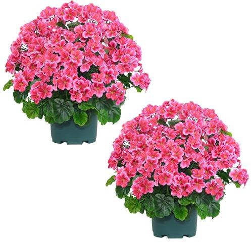QIANYUN Artificial Geranium Bush – 20 Inch Outdoor Potted Artificial Plant for Front Porch, UV Resistant Faux Flower Bush for Garden, Yard & Patio Decor (2 Pack)