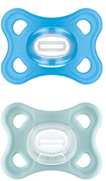 MAM Ciuccio Comfort in set da 2 pezzi, particolarmente piccolo e leggero, per neonati e neonati, in 100% silicone, con tettarella morbida MAM SkinSoft e scatola per ciuccio, 3-12 mesi, blu