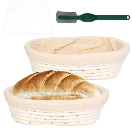 Raucilpy 2 Stück Gärkörbchen Brotkörbchen Sets, Brot Gärkorb Leinen mit Teigspachtel, Gärkörbchen Oval Brotkorb, Brotbackform Brötchenkorb Brotkorb 25 * 15 * 8cm