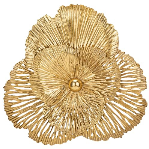 Oairse Set of 3 Magnolia Metal Flower Wall Art Decor, 3D Floral Sculptures Modern Gold Wall Décor Rustic Metal Flower Wall Hanging for Living Room Bedroom Kitchen Office Café Wall Decoration
