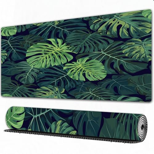 EOMKSE Mauspad Verlängertes großes Mauspad Schreibtischauflage,genähte Kanten Mauspad,Gummibasis,Tropische Pflanzen grüne Monstera abstraktes bizarres Muster,Gaming-Mauspad,30x80 cm