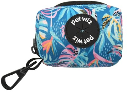 Poop Bag Holder, in an Easy Clean Material and Fun Designs. Featuring a Zip and Clip for Easy Attachment to Lead. Convenient Poop Bag Dispenser including Roll of Bags. (Tropical Breeze)