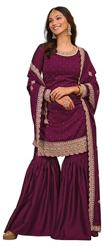 TRENDMALLS Set Kurta Sharara con ricamo in seta artistica da donna con Dupatta, Viola, Small