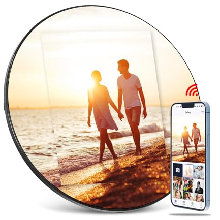 Digital Mirror Picture Frame, Touch Screen Smart WiFi Round Photo Frame Electronic, 32GB Storage, Share Photos and Video with App, Circle Vanity Mirror for Desk, Wall, Room Decor