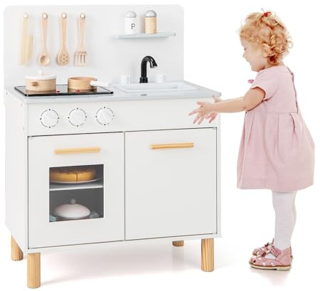 HOMASIS Kinderküche mit Licht & Sound, Spielküche aus Holz mit 10 Spielzubehör, Spielzeugküche mit Spüle Herd Backofen, Holzküche Miniküche Küchenspielset für Kinder ab 2 Jahre (Weiß)