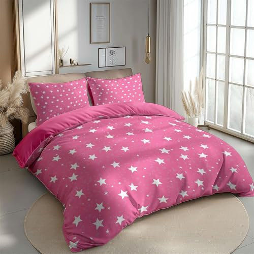 Bettwäsche 200 x 200 cm Einfacher Cartoon Sterne Muster Bettwäsche Set Microfaser Wendebettwäsche Bettbezug und Kissenbezug 80×80cm mit Reißverschluss Weich und Bügelfrei, Rosa