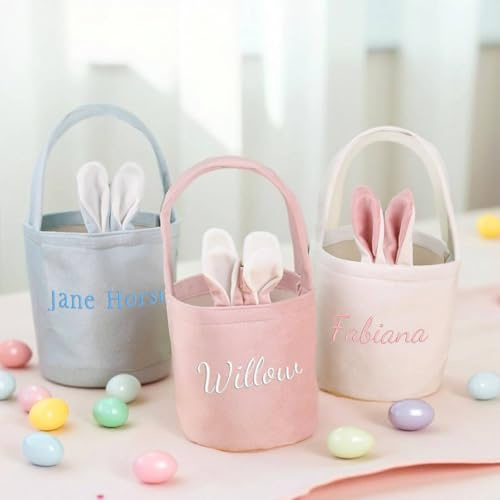 Personalized Easter Basket, Embroidered Easter Bunny Decoration with Name, Mini Basket with Ears and Tail for Kids , Easter Gift for Easter Egg Hunt 13cm×14.5cm (1 Basket)