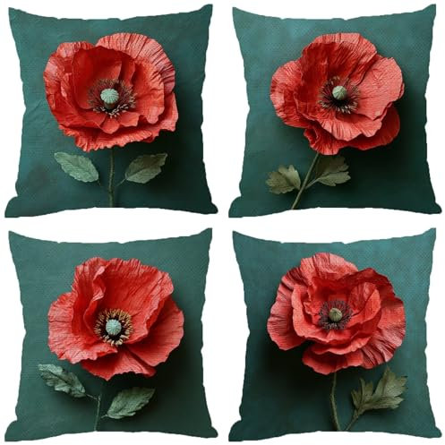Fodere Cuscini da Esterno Impermeabili, Semplicità Federe Cuscini Divano 70x70 Quadrate Set di 4, Doppia Faccia Stampa Lino Cushion Covers Rosso Cerniera Invisibile per Room Decor, Regalo Donna Z-523