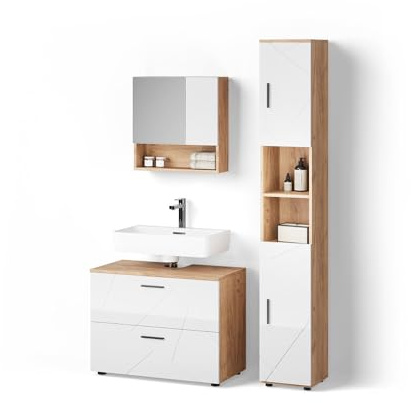 Livinity Badmöbel-Set Ronco Weiß Hochglanz/Goldkraft Eiche | 3 Teile, mit Schubladenschrank und Hochschrank