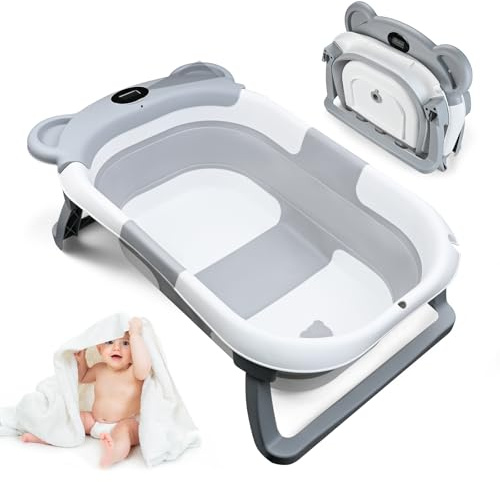 Kezidhp Baignoire pour Bébé Pliable avec Coussin Antidérapant et Thermomètre, Baignoire Portable avec Cadre, Idéale pour Voyages et Douches pour Bébé