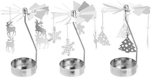 ULTECHNOVO 3er Set Teelichtkarussell Weihnachten, Rotierender Kerzenhalter mit Rentier Schneeflocke Tannenbaum, Metall Weihnachtspyramide Teelicht Tischdeko, Engelsgeläut Silber