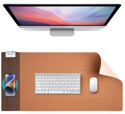 3-in-1 Kork-Unterlage mit Qi-Schnelladung, wasserfester & beidseitiger Oberfläche. Ideal für Büro, Homeoffice und als Schminktisch-Schutz. Kompatibel mit iPhone, Samsung, AirPods