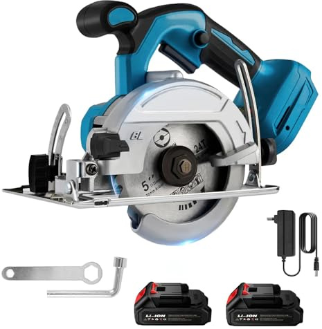 Mini Scie Circulaire Sans Fil 125mm De 5 Pouces, Réglage De L'angle 0-45 °, Avec batterie, 1000W Coupe Efficace Des Carreaux De Pierre De Bois, Scie Circulaire Électrique Légère (Bleu-2 Batteries)