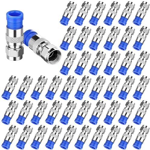 Copkim Paquete de 50 conectores de compresión Rg6, adaptadores coaxiales de cable de antena recto tipo F, conectores de compresión azules para la mayoría de cables coaxiales de satélite o cable