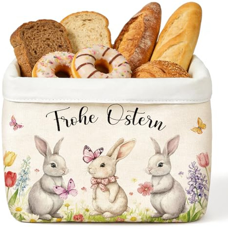 Brotkorb Stoff Osterkörbchen, Osterkorb Hasenmotiv, Frohe Ostern Tischdeko | Osterdeko Frühlingsdeko, Brötchenkorb für Brot Brötchen Gebäck Frühst