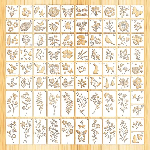 Luckwaii Malschablonen Set 82 Stück Wiederverwendbar Tiere Wildblumen Schablonen zum Malen, Stencils for Painting Hohl Spray Zeichenschablonen mit Blumen Blättern & Tieren für Scrapbooking Holz Wand