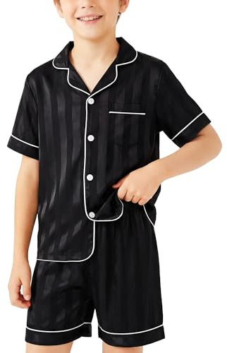 Hoseay Ragazzi Pigiama, Manica Corta Maglietta e Vita Elastica Pantaloni 2 Pezzi Satinato Abbigliamento da Notte, Morbido Leggero Abbigliamento Casa con Bottoni per Bambini 8-9 Anni, Nero