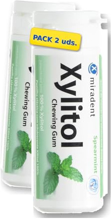 Pack 2 x Chicles de Xylitol Miradent 30 uds (60 uds) – Chicles sin azúcar en bote, con xilitol, formato práctico para llevar, pack ahorro (Hierbabuena)