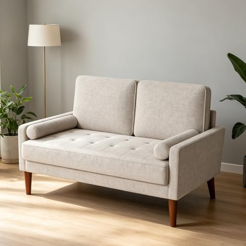Vesgantti Canapé 2 Places 121 cm, Petit Canapé Compact en Tissu Effet Lin, Loveseat Moderne avec Accoudoirs, Assise à Ressorts, Canapé Salon Chambre Studio, Ashbeige