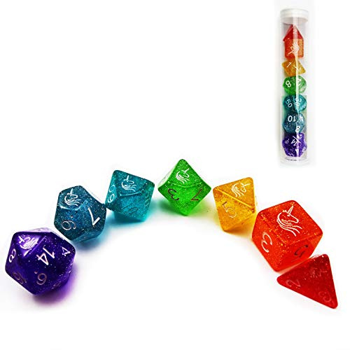 Bescon Polygonal Würfel Spielwürfel Einhorn Regenbogen Glitzern D&D Dice Set of 7, RPG - Bunte Rollenspiel Polyedrische Unicorn Dice 7pcs Set