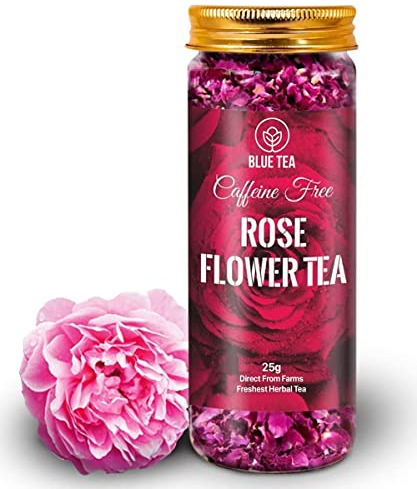 BLUE TEA - Rose Tea - 25 Grams | FARM PACKED | Grade A - Natural Sun Dried Rose Flower Petals | Caffeine Free Herbal Tea - Recycled Food Grade Pet Jar |