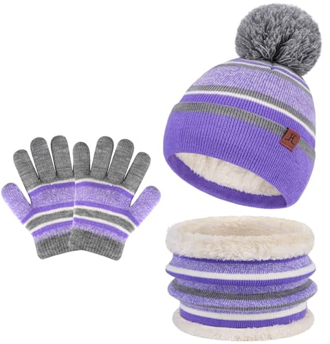 Bequemer Laden Niños Invierno Gorro Termicos Bufanda Guantes Conjunto con Gorra Pompón Forro Polar Regalo Niños Niñas 2-7