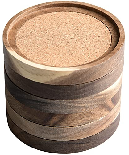 Acacia Wood Coasters for Drinks, 4.13 Inch, Set of 6, Absorbent and Insulation Cork Stackable Cup Holders, Rustic Coasters for Wooden Table, Designed by S1EGAN