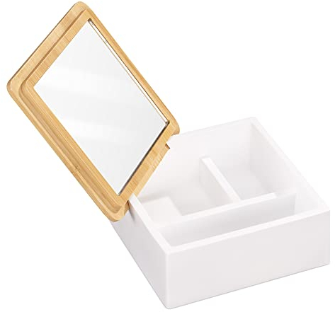 Navaris Schmuckdose mit Spiegel 3 Fächer - Schmuckschatulle mit Deckel aus Bambus - Schmuckaufbewahrung für Armband Ring Kette - Schmuckkästchen - Weiß