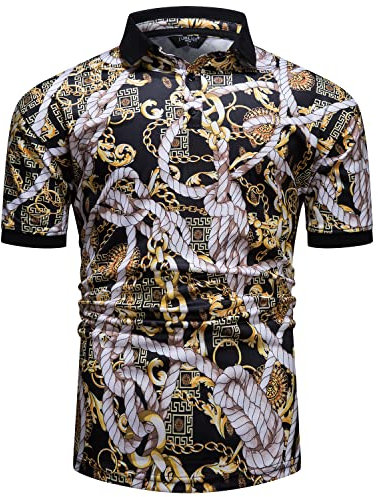 fohemr Herren Poloshirt Barock Stil Kurzarm Polo Shirts Seil Golden Chain Muster Polohemd Sommer Golf Tennis Tshirt für Männer Schwarz Large