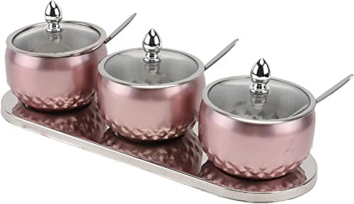 Pooper Scooper Metal 1Set Stainless Steel Seasoning Containers Set Jar Rack Condiment Cruet Bottles Salt Pepper Sugar Storage Organizer with Spoon and Base Rose Gold Glass Storage Jar