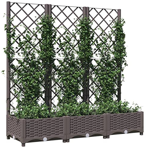 Kavolet Hochbeet mit Rankgitter, Pflanzkübel mit Rankgitter, 3 Töpfen Pflanzkasten Gartenspalier Spalier Rankhilfe Rankkasten Blumenkübel, Braun 120x40x121,5 cm PP