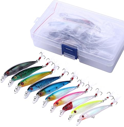 10 Stück Gummifische Angelköder Kunstköder Set mit Kasten 9cm Weiche Angel Köder Jigköpfe Topwater Popper Angeln Forelle Zander & Barsch, Outdoor-Angelwerkzeug