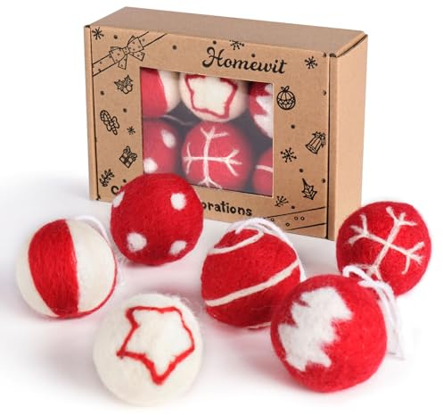 Weihnachtskugeln Filz, Homewit 6 Stück Filzanhänger Weihnachtskugeln Rot Weiß, Handgemachte 5cm Filzkugeln Tannenbaum Weihnachtsschmuck Anhänger, Christbaumkugeln Wollfilz für Weihnachten Dekoration
