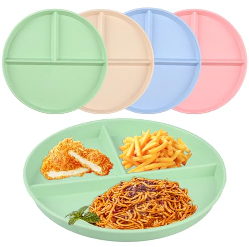 ALAHUGYEF 4 Pcs Divided Dinner Plates Sets, 8.6 Inch Portion Control, Unbreakable Reusable Deep Diet Picnic Plates Dishes for Adult Food Dessert, Microwave Safe