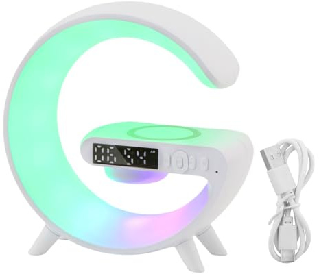 Lampada atmosferica, caricabatterie senza fili, luce diurna, 13 modalità, sveglia a LED, lampada da tavolo intelligente con stazione di ricarica, altoparlante Bluetooth, dimmerabile, luce notturna per
