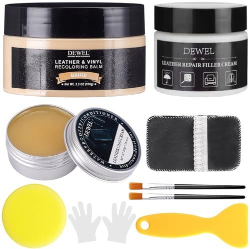 DEWEL Kit Riparazione Pelle Rinnova Pelle 100g Beige Rinnovatore Colore Pelle Kit di Riparazione con 50g Crema di Riparazione 50g Grasso di Foca,per Auto Giacca Abbigliamento Moto Cura della Pelle
